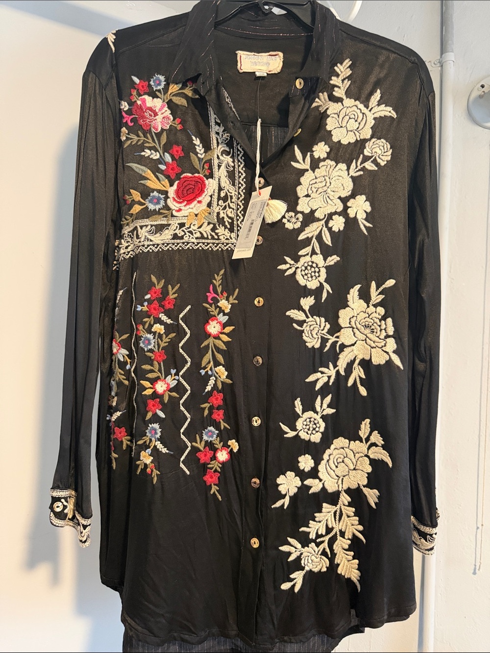 NWT Black Embroidered Floral Button-Up Tunic fully embroidered